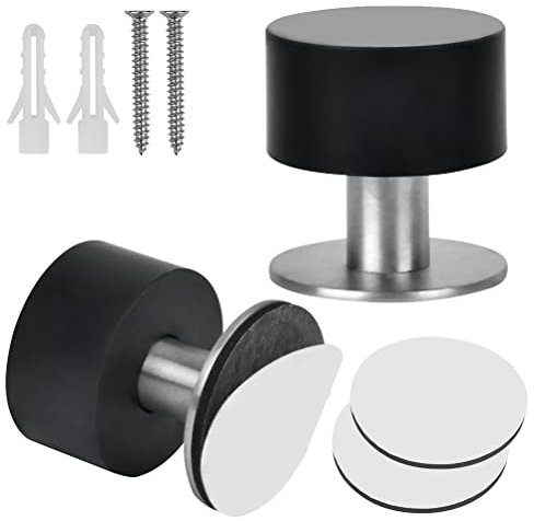 FOROREH 2 Packs Door Stops, Stainless Steel Door Stopper with Sound Dampening Rubber Top, Black Adhesive Door Stop Wall Mounted for Home, Office Use