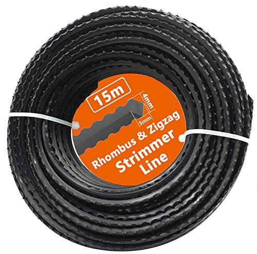Zeqeey Heavy Duty Rhombus Zickzack Rasentrimmer Faden Trimmerfaden Rasen Mähfaden 3 mm – 4 mm Länge 15 m Nylon Trimmerschnur Schnur Drahtseil für Garten Elektro Rasentrimmer Rasentrimmer, F3015