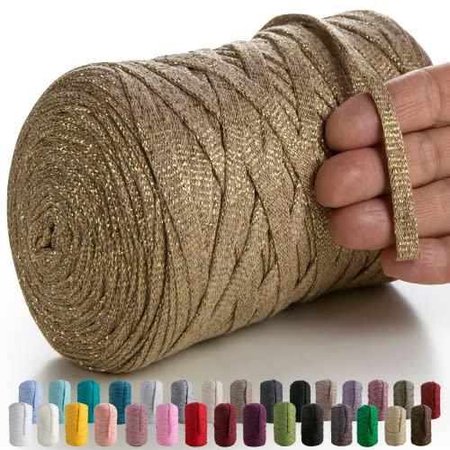 MeriWoolArt Fil Textile Métallique - 125m 10mm Cordon Macramé Métallique - Fil Macramé Brillant Lurex, Tenture Murale DIY, Attrapeur de Rêve, Décoration Mariage Boho, Ruban Coton