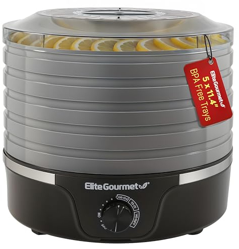 Elite Gourmet EFD319BNG Deshidratador de alimentos, 5 bandejas sin BPA de 11.4 pulgadas, controles de temperatura ajustables, ceca, hierbas, frutas, verduras, aperitivos secos, negro y gris, 5