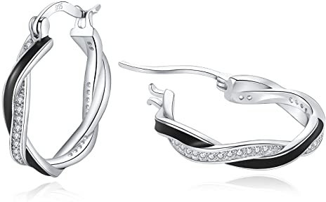 HEEYA Creolen Ohrringe für Frauen Sterling Silber 925 Damen 18K Vergoldet Twisted Creolen Hypoallergen Ohrringe mit AAAAA Zirkonia Schwarz 20MM