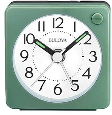 Bulova Clocks B1874, Ultra Small Travel Alarm with Snooze and Light, No Ticking, Verde,Green