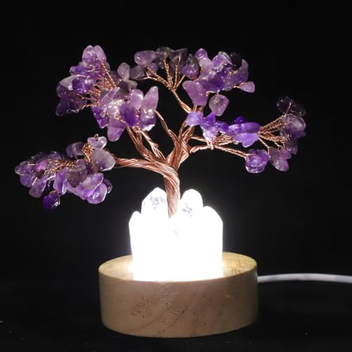 OSALADI Amethyst-Kristallbaum Nachtlicht Kleine Nachttischlampe Für Schlafzimmer Und Wohnzimmer Dekoratives Stimmungslicht Aus Edelstein Und Holz 4.53 Zoll
