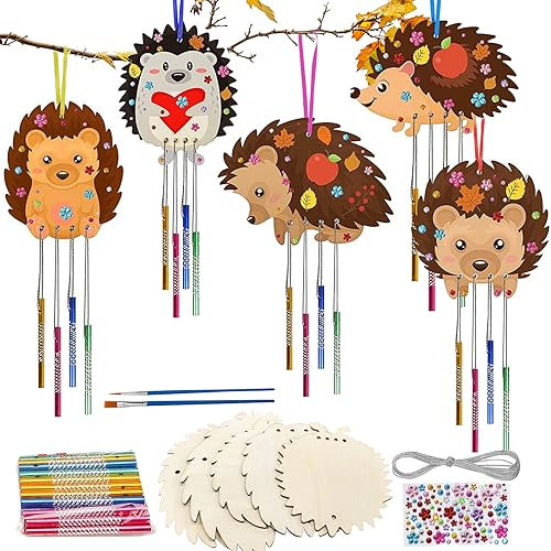 5tlg Windspiel Bastelset Kinder, Igel Klangspiele, Herbst Basteln Holz Anhänger, Kinder Igel Basteln, Bastelhandwerk Kreativset, Holzscheiben zum Bemalen Unvollendete Holz Bastelset, Igel Deko