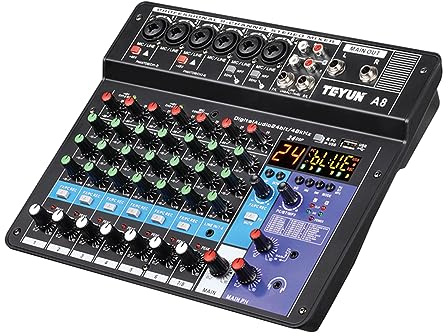 TEYUN Mezclador portátil profesional de 8 canales, consola de mezcla de sonido, entrada de computadora, 48 V, número de potencia, transmisión en vivo, A8 (8 canales)