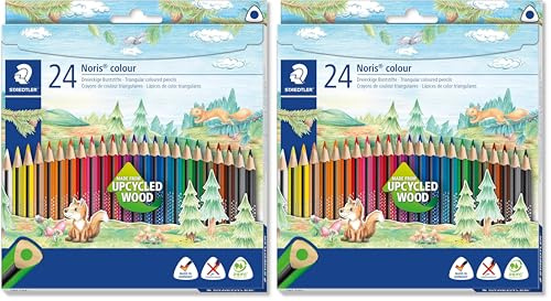 Staedtler Buntstifte Noris colour, ergonomisches Dreikantformat, rutschfeste Soft-Oberfläche, hohe Bruchfestigkeit, Made form Upcycled Wood, 24 Farbstifte im Kartonetui, 187 C24 (Packung mit 2)