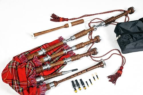 Great Highland Dudelsack von Hakam Din aus natürlichem Cocobolo-Holz mit gravierten Nickel-Silber-Halterungen und Schottenkaro-Abdeckschnur für Studenten, komplettes Starter-Set mit