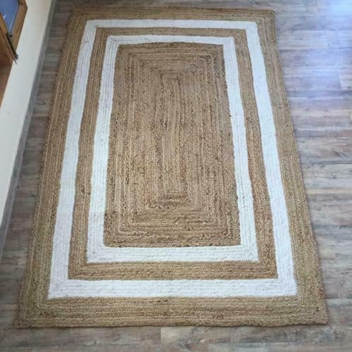 Jaipur Art And Craft Weißer mit beigem Jute-Teppich für Wohnzimmer, handgeflochtener Wendeteppich– (3x5 Quadratfuß)