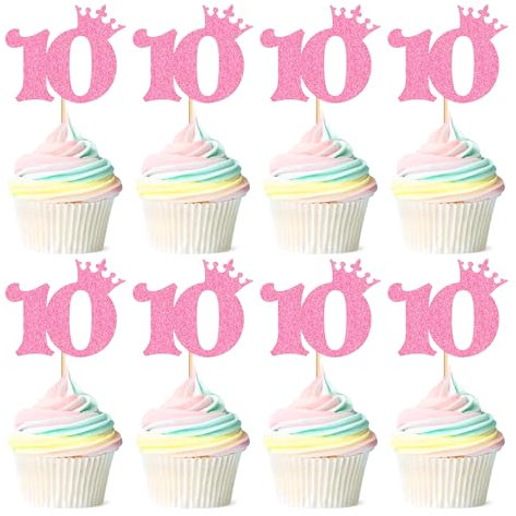 Ercadio 24 Pack Number 10 Cupcake Toppers 10th Birthday Cupcake Toppers Pink Glitter Number 10 Cupcake Picks Cheers to 10 Years Old Decorations for Baby Shower Anniversary Party Cake Supplies
