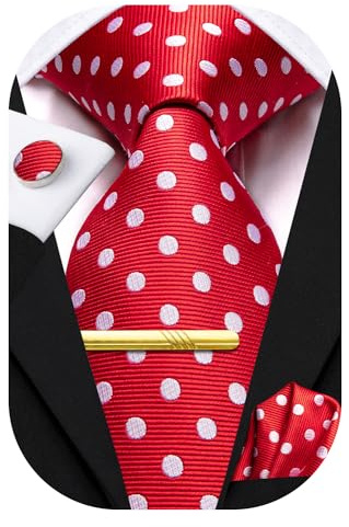 Hi-Tie Cravates en soie pour homme - Ensemble de boutons de manchette carrés - Pour mariage et affaires, Pois rouges et blancs, M