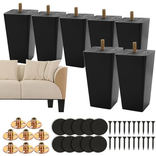 MUXHEL Sofa Legs Set of 8, 10 cm Sofa Feet Wooden Furniture Legs, Replacement Sofa Legs Solid Wood Furniture Legs M8 Bolt with Mounting Plate & Screws for Couch Armchair Dresser-Black