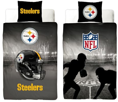 NFL Bettwäsche Pittsburgh Steelers 135 x 200 cm + 80 x 80 cm 100% Baumwolle in Renforcé-Linon-Qualität Reißverschluss American Football Fan Super Bowl Steely McBeam Wende-Bezug deutsche Größe