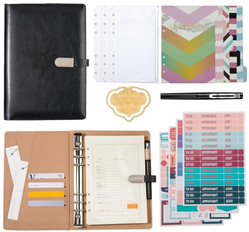 A5-Notizbuch-Set – 6-Ring-PU-Leder-Planer, 5 x Akten-Trennblätter, 100 Blatt A5-Papier, Etikettenaufkleber, Wolken-Lesezeichen und transparente Geldumschläge, persönlicher Organizer (schwarz)