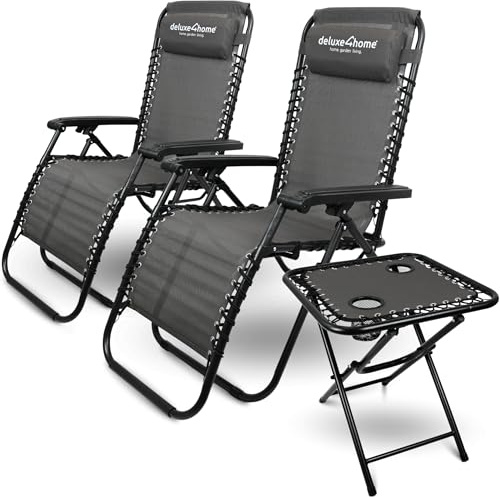 deluxe4home® 3-teiliges Liegestuhl Set mit Klapptisch I Sitzgruppe klappbar I Gartenstuhl Strandliege Flexibles Gewebe Atmungsaktiv Tisch mit Getränkehalter I Sonnenliege Anthrazit