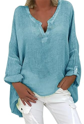 40 Cumpleaños Mujer Camisa De Lino Camisas De Mujer Túnica De Verano Cuello En V Camisa De Gran Tamaño Camisetas De Manga Larga para Mujer Camisetas Estampadas Elegante Casual Top Ganchillo Ofertas