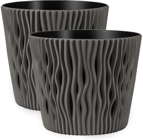 PECZEKO Macetas mate – Macetas decorativas para flores y hierbas, duraderas y ligeras, redondas, de plástico, para salón y comedor, cocina, terraza, balcón, juego de 2 unidades (gris, diámetro 22 cm)