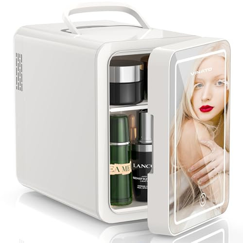VINATO Mini Frigo da Camera, 6L Frigorifero Piccolo per la Cura Della Pelle, Mini Frigorifero a Specchio 220V AC/12V DC, per Bevande, Ufficio, Dormitorio, Auto