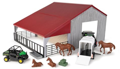 John Deere Weathered Barn Farm Spielset – Maßstab 1:32 – inklusive Scheune, Pick-Up-Truck-Spielzeug, Pferdeanhänger, Pferdespielzeug und mehr Bauernhof-Spielzeug – 13 Stück – ab 3 Jahren