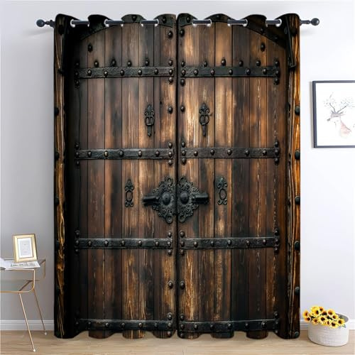 Blickdichte Gardinen Holztür Mit Eisenstange Im Mittelalterlichen Stil Verdunkelungsvorhang - Lichtundurchlässige Vorhang mit Ösen für Schlafzimmer Geräuschreduzierung 215 x 110 cm (HxB), 2er Set