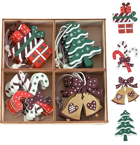 NIEEKRUN 24 Stück 6cm Weihnachtsbaumschmuck, Hängende Holz-Weihnachtsdeko, Weihnachtsbaum-Anhänger in Rot, Grün und Weiß, Baumdekoration mit Geschenken, Stöcken und Glocken, Festliche Baumanhänger