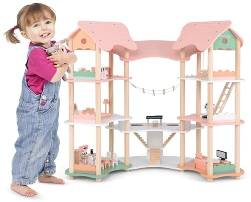 COSTWAY Maison de Poupée en Bois avec 7 Pièces & 32 Meubles, Maison de Rêve à 3 Étages avec Piano & Toit Rose, Design d’Angle, Jeu d’Imitation Princesse pour Enfants de 3-8 Ans