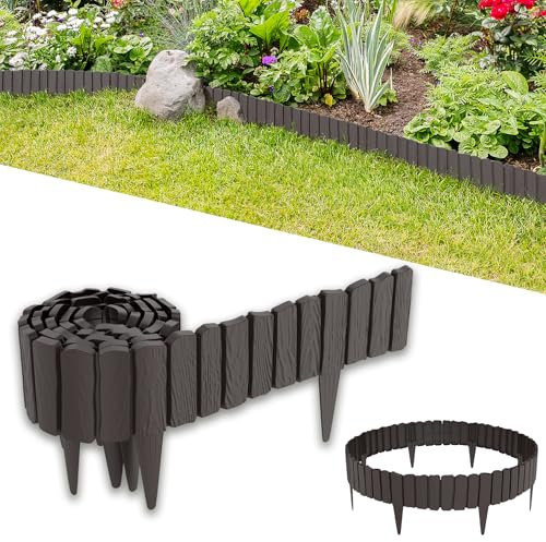 MAYTIIMO Holzoptik Beetbegrenzung, Korrosionsbeständige Beetumrandung, Rasenkante aus PP Kunststoff, Gartenpalisade ideal zur Unterteilung von Innenhof und Gemüsegarten, Braun - 2,3 m(4 Stück)