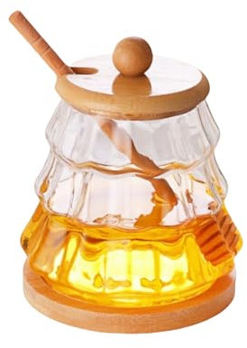 HAN SHENG Tarro de vidrio para miel de 14 onzas con tapa y bandeja, juego de tarros de vidrio para miel, dispensador de miel, recipientes de almacenamiento de miel, tarro de almacenamiento de cocina