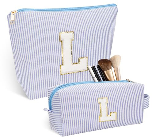 Kosmetiktasche Damen Mädchen, Kosmetiktasche mit Buchstaben (L), für Mädchen Freundin Mädchen Frauen Kosmetiktasche Personalisiert, Mädchen Reise Schminktasche Urlaubs-/Geburtstagsgeschenke, Blau