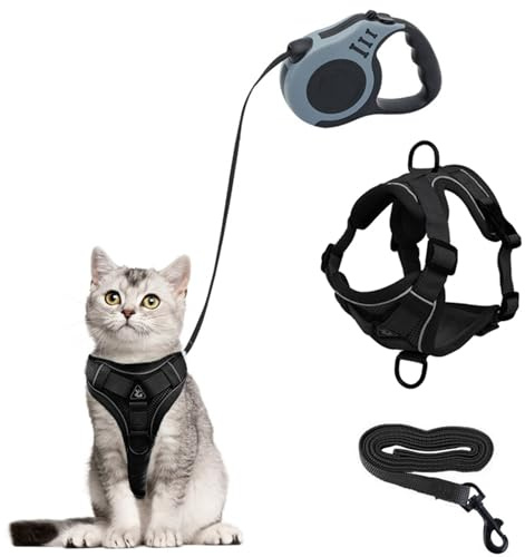 Pettorina Gatto con Guinzaglio per Gatti Allungabile, Antifuga Pettorina per Gatti, 2 Guinzaglio Gatto 500cm & 150cm, Regolabile Cane per Cani Di Piccola Taglia Grigio S