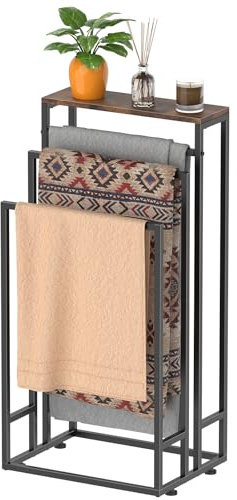 LIANTRAL Freestanding Towel Rail, 3 Tier Bath Towel Rack with Storage Shelf, Indoor Outdoor Towel Storage Stand, Hand Towel Drying Rack for Bathroom, Rustic Brown and Black