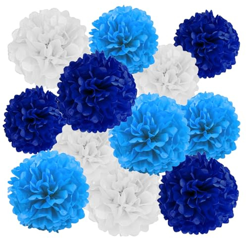 GAKA FAVOR 12er Blau und Weiß Seidenpapier Pompons Set,Tissue Hängedekoration Papier Pompoms Deko für Hochzeit,Taufe,Geburtstag,Kommunion,Graduation Party Deko