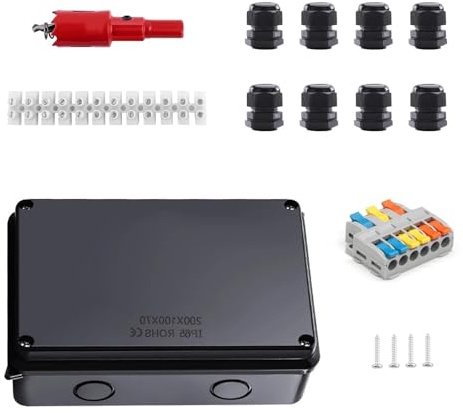 txuzong Boîte de Dérivation IP65 Noir 200x100x70mm - Étanche pour Caves/Garages - Bornes Incluses - Adaptée Câbles 12-16mm - Accessoires de Montage - Protection Humidité