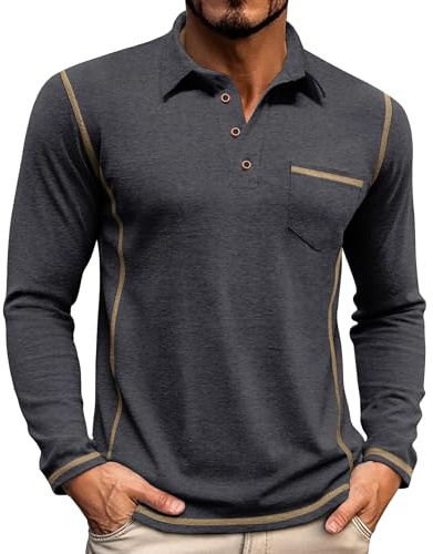 Elainone Herren Langarm Polo Shirt mit Brusttasche Atmungsaktives Stretch Golf Oberteil für Outdoor Casual & Business - Regular Fit Schwarz 3XL