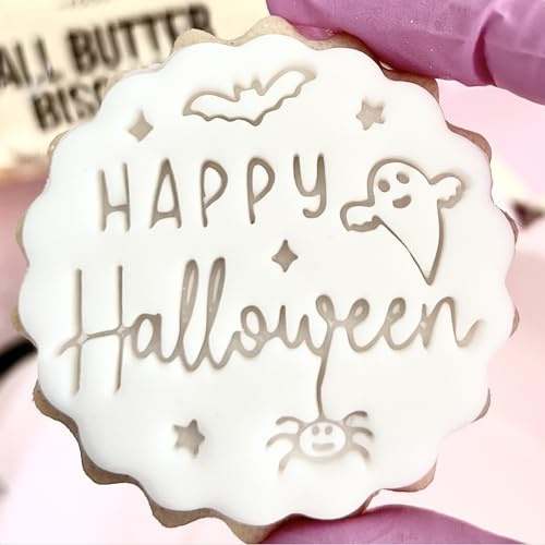 Happy Halloween Cookie Cutter Stamp Embosser fits m&s Biscuits Great for Fondant Icing Reusable Marks and Spencers Pumpkin Ghost Halloween Decor Ideas Party Favours Free Matching Cutter