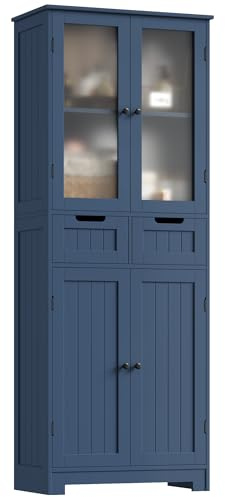 HOCSOK Badezimmerschrank Hoch, Badschrank Hochschrank mit 4 Türen und 2 Schubladen, Küchenschrank Hochschrank für Wohnzimmer Küche Esszimmer Büro, 170x 60x30cm, Blau