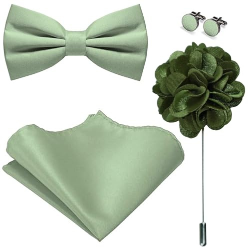 Saituo Home Fliege Herren Matte mit Einstecktuch Manschettenknöpfen und Ansteckblume Set, Fliege Grün Vorgebunden Verstellbar für Männer, Schmale Bow Tie für Hochzeit, Business, Party, Abschlussball