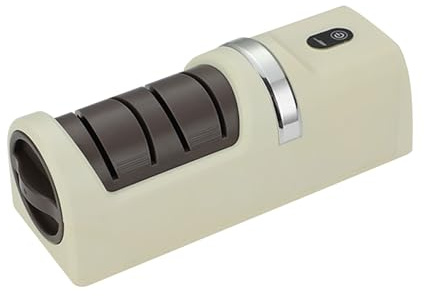 Cffuvros Electric Knife Sharpener, USB Rechargeable with Non Slip Base, Coarse Fine Polish Grinding Wheels for Kitchen, Portable Knife Sharpener Machine for Home, Outdoor (Beige)