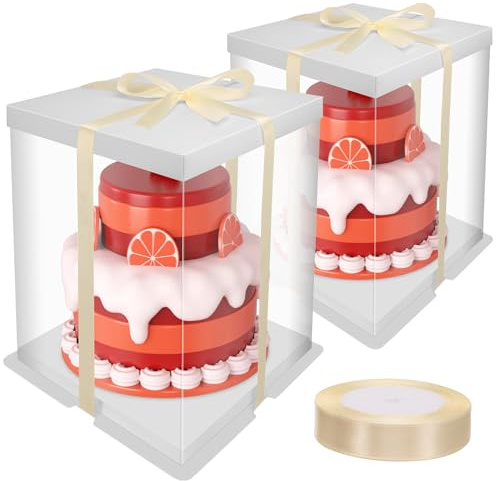 saerryor 2 Pack Clear Cake Boxes with Lid & Ribbon 22x22x30cm, 12 Inch Tall Transparent Plastic Cake Carrier Containers, Cakes Gift Packaging Boxes for Birthday Wedding Celebrations Party, White