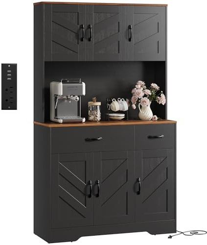 IDEALHOUSE 71 Kitchen Pantry Storage Cabinet with Charging Station, Farmhouse Kitchen Hutch Cabinet with 2 Storage Drawers, Large Food Pantry with Microwave Stand for Dining Room,Living Room,Black