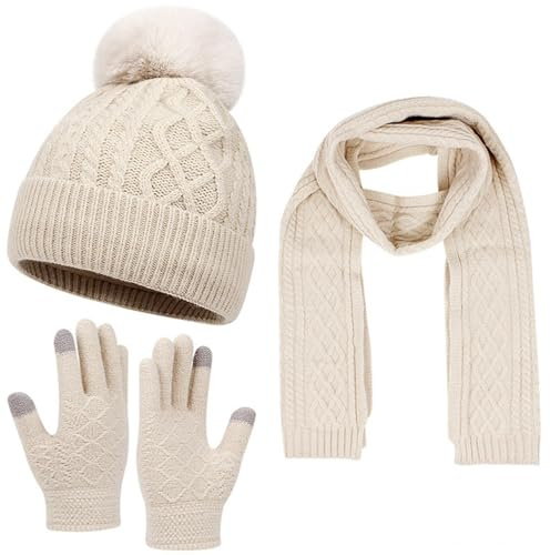 Set Da Donna Con Cappello, Sciarpa E Guanti Cappello a Maglia Con Fodera In Pile Sciarpa Freddo Invernale Guanti Touch Screen Morbidi E Caldi Per Arrampicata Accessori Inverno Moda