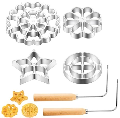 CAKEEYUM 6Pcs/Set Rosette Iron Aluminium Alloy Bunuelos Mold with Wood Handle Food-Grade Waffle Molds with Star Flower Round Shape for Kitchen Baking Cooking Rosette Iron, Bunuelos Mold