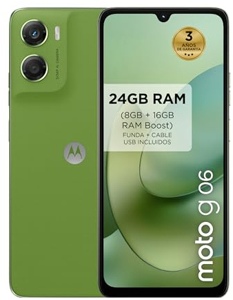 Moto G06 24 GB (8 GB + 16 GB RAM Boost)/256 GB colore Pantone Tendril, grande schermo da 6,88 con suono Dolby Atmos®, sistema fotocamera con IA da 50 MP, protezione impermeabile IP64, batteria da