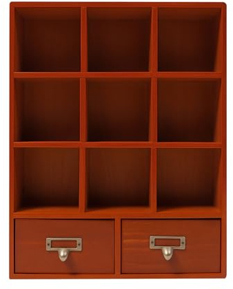 FROPIJ Klein Vitrine & Setzkasten aus Holz, 9 Fächer Mini Sammlervitrine Retro Holzregal mit 2 Schubladen, Sammelbox Standregal Würfelregal für Lagerung, Dekoration 33.3 x 10 x 42.5cm (Braun)