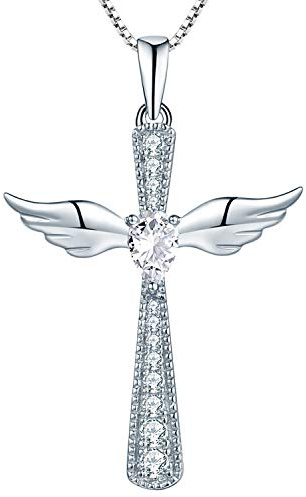 YL Collana Croce Ala d'Angelo 925 Argento Pietra portafortuna Aprile Zirconia cubica Bianco Ciondolo Angelo Custode per Donna,Catena 45+3CM