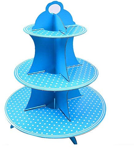 TrAdE Shop Traesio ALZATINA in Cartone Porta Torta Dolci Cupcake 3 Ripiani Azzurro con Pois Bianchi