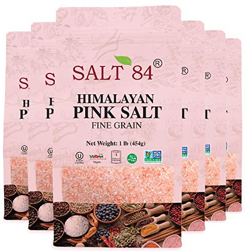 Salt 84 Himalayan Pink Salt, Fine Grain, Non-GMO – Kosher Rock Salt for Cooking – 6 lbs. (6 x 1 Pound Bags)