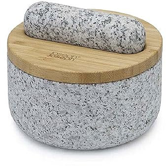 Joseph Joseph Dash Mortero y Mano de Piedra Natural con Tapa de Bambú, Molinillo de Especias y Trituradora de Hierbas