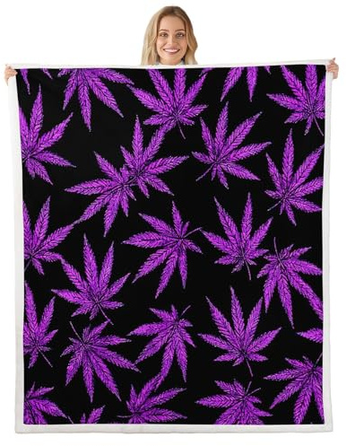 Marijuana Leaf Fleece Throw Blanket Cannabis Leaves Sherpa Blanket for Adults Marijuana Weed Purple Leaf Plush Blanket Botanical Soft Fuzzy Blanket for Sofa Bed Couch,Black,Twin 60x80 Inch