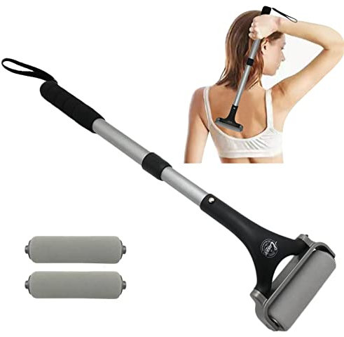 Easace Rückenlotion Applikator für Männer und Damen, Auswechselbaren Rollenkopf für Schaumstoff, Verstellbarer Winkelkopf, Ausziehbarer langer Griff, Körper Feuchtigkeitscreme(Silber)