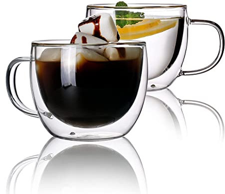 CNGLASS Double Walled Glass Coffee Mugs 240ml/8.1oz, Clear Thermo Coffee Cups Set of 2, Insulated Glass Mug with Handle
